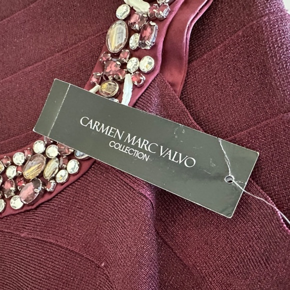 NEW Carmen Marc Valvo | Metallic Beaded Jewels BANDAGE Dress | Burgundy | Neiman - Picture 7 of 15